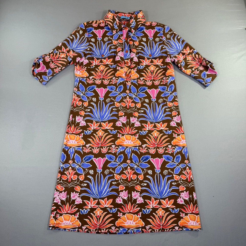 J.McLaughlin Brown Floral Shirt Dress Small 3/4 Sleeve Preppy Boho Resort Fall
